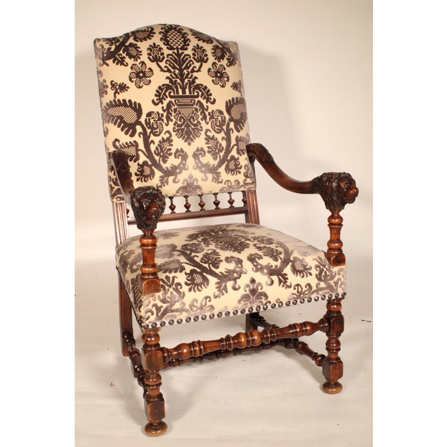Pair of Louis XIV Style Walnut Armchairs With Lion Carved Arms For Sale - Image 4 of 12