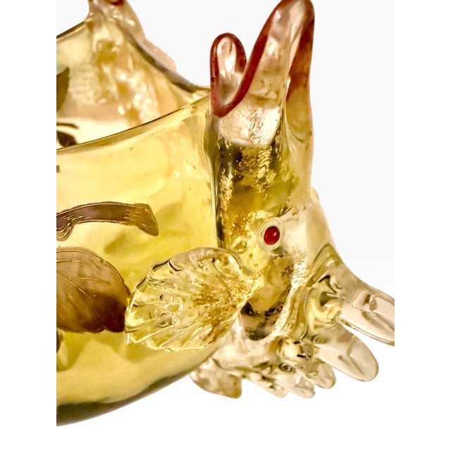 Light Yellow Antique Zoomorphic Amber Glass Bowl With Three Fish and Enamel Decoration, Attributed to Auguste Jean, Moser Style C. 1880 For Sale - Image 8 of 14