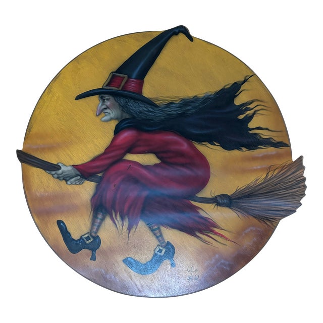 Witch Flying Past the Moon, Oil on Board by Bonnie Barrett For Sale