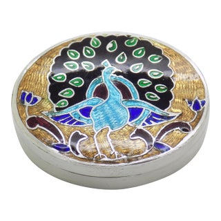 Vintage Italian Handmade Sterling Silver 925 Peacock Design Oval Solid Pill Box For Sale