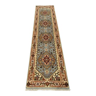 Heriz Runner 2’6” X 9’10” Blue Wool Tribal Hand-Knotted Oriental Rug For Sale