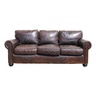Restoration Hardware Brown Leather Three-Seat Sofa | Vintage Modern Down-Filled Cushions For Sale