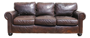 Restoration Hardware Brown Leather Three-Seat Sofa | Vintage Modern Down-Filled Cushions