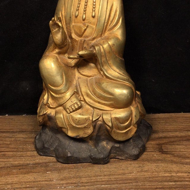 Metal Vintage Gilt Bronze Guanyin Statue in Royal Ease Pose - Asian Buddhist Sculpture For Sale - Image 7 of 7