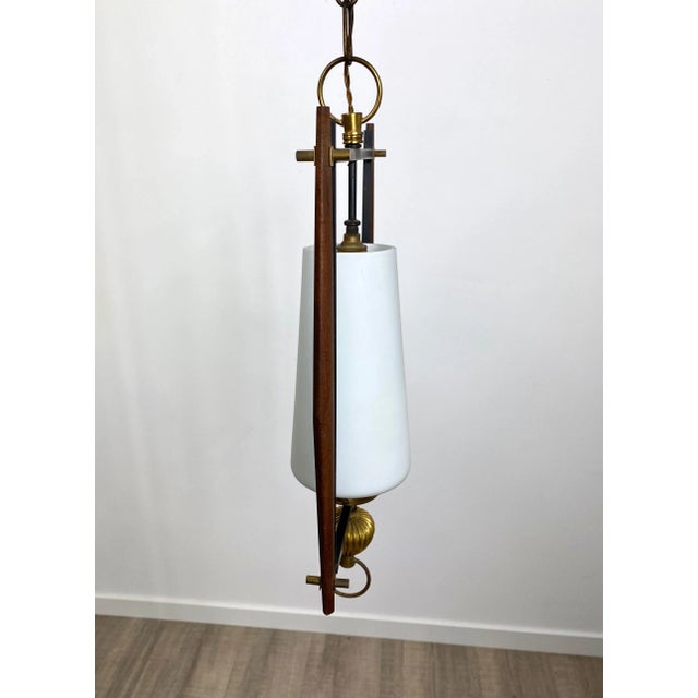 Teak & Opaline Glass Metal Pendant Light, Italy, 1960s For Sale - Image 6 of 11