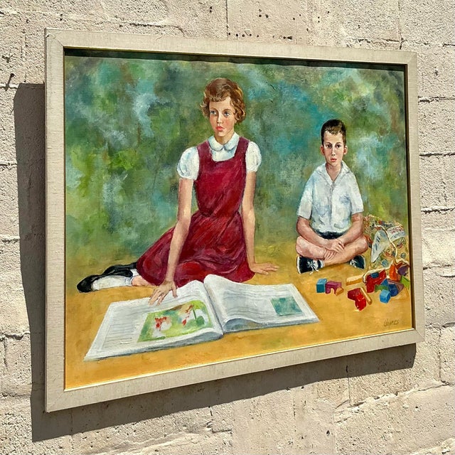 Mid 20th Century Vintage Regency Original Family Portrait Oil Painting on Canvas For Sale - Image 5 of 6