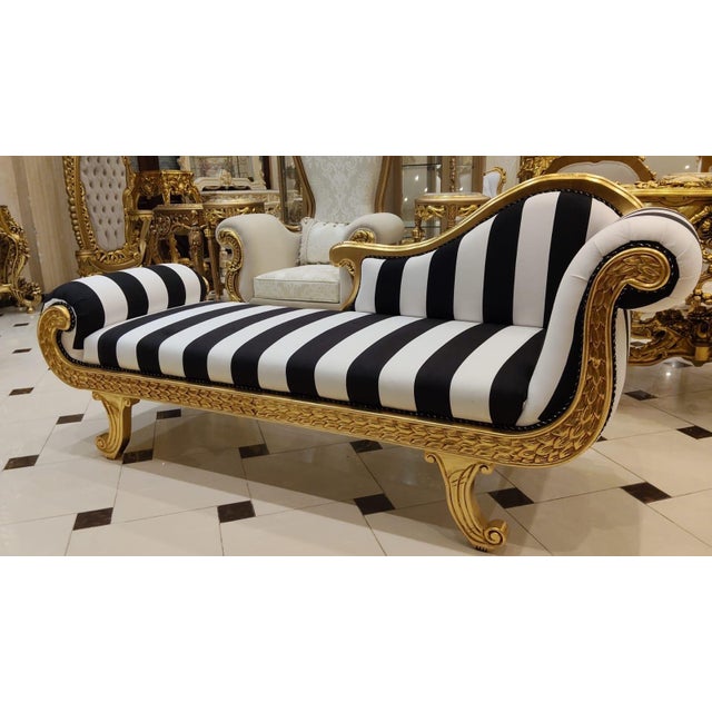 Wood 1960s French Louis XV Chaise Lounge black and white Striped For Sale - Image 7 of 7