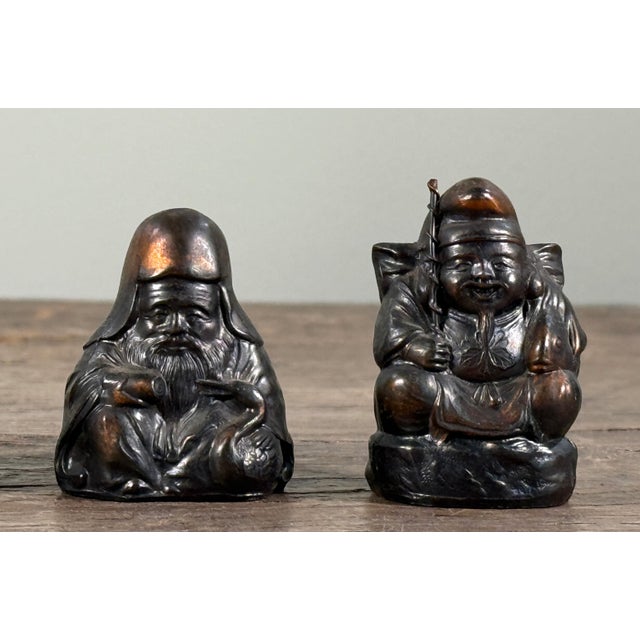 Vintage Japanese Seven Lucky Gods Bronzed Metal Netsuke Figurines - Set of 7 For Sale - Image 4 of 13