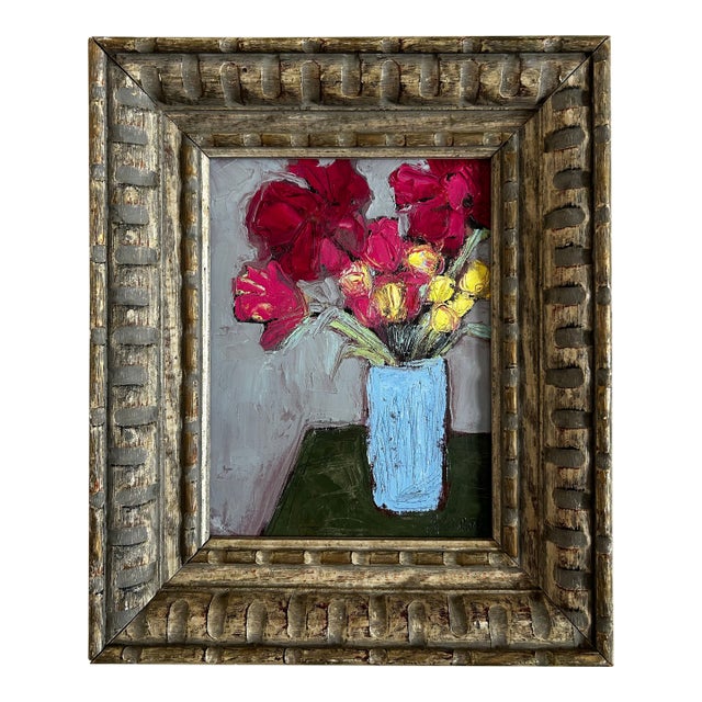 Contemporary Original Alexandra Brown Pop Floral Still Life Painting Chunky Vintage Frame For Sale