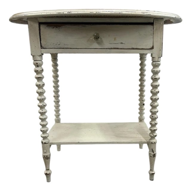 Antique Hand Painted Mahogany Farmhouse Style Oval Spool Bobbin Leg One Drawer Two Tier Side Table For Sale