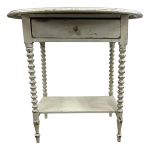 Antique Hand Painted Mahogany Farmhouse Style Oval Spool Bobbin Leg One Drawer Two Tier Side Table
