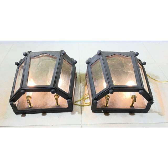 Exceptional Pair of Hand-Forged Iron Wall Lanterns Architectural Sconces For Sale - Image 13 of 17
