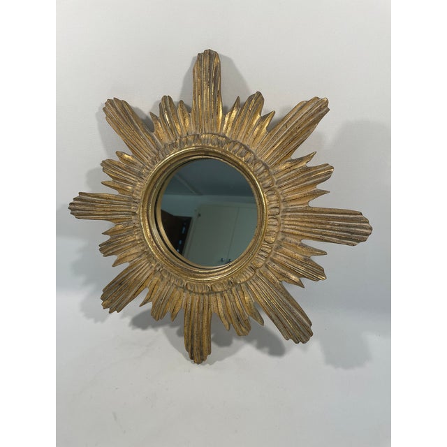 Vintage 16.5" Mid Century Creamy Giltwood Sunburst Wall Mirror For Sale - Image 9 of 16