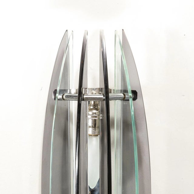 Pair of Mid-Century Modernist Curved Smoked Glass & Chrome Sconces by Veca For Sale - Image 11 of 12