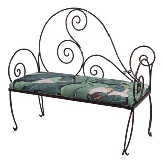 Upholstered Neoclassical Iron Bench For Sale