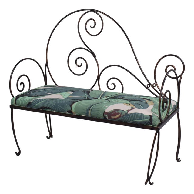 Upholstered Neoclassical Iron Bench For Sale