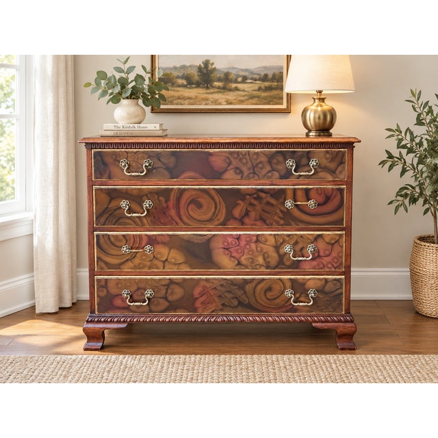 A distinctive vintage four-drawer chest by Flint & Horner Co. of New York, thoughtfully refinished with an artistic silk-...
