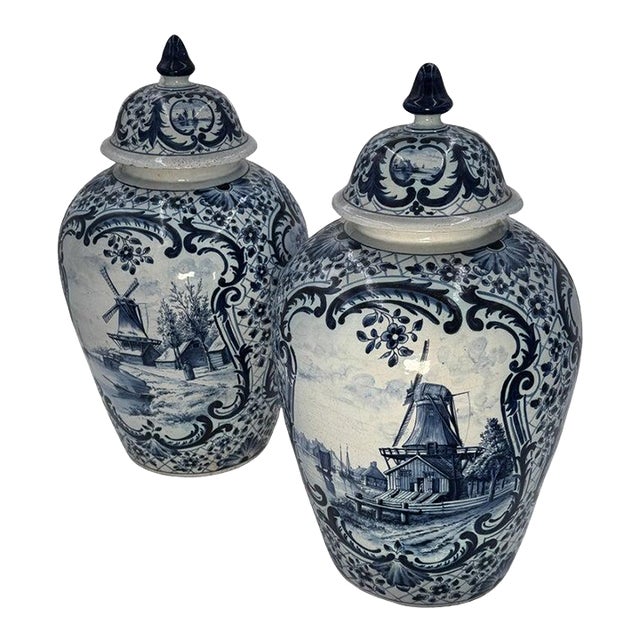Pair of 19th Century Dutch Earthenware Delft Covered Vases From Makkum in Holland For Sale