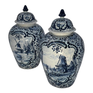 Pair of 19th Century Dutch Earthenware Delft Covered Vases From Makkum in Holland