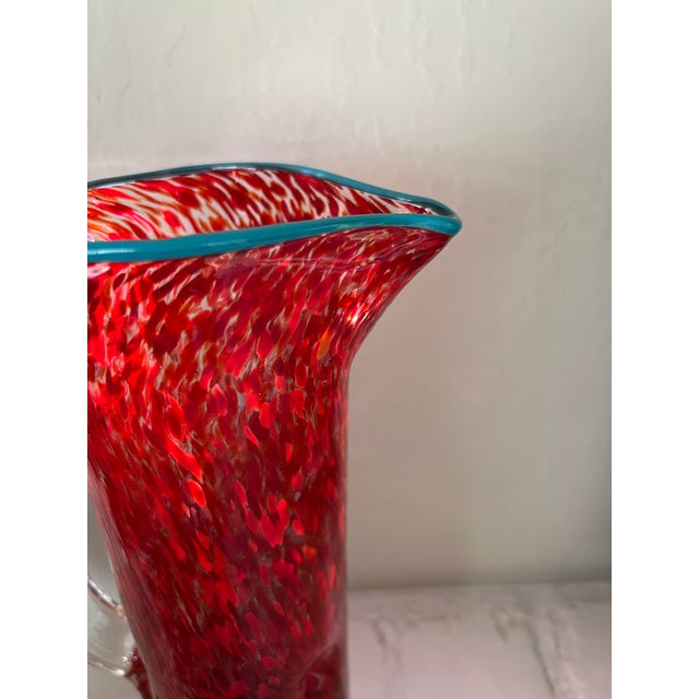Red Vintage Hand-Blown Red Spatter Glass Pitcher Turquoise Rim c.1960s-1980s For Sale - Image 8 of 10