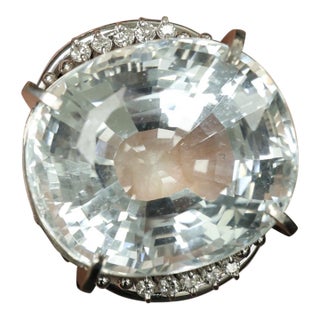 Late 20th Century Rare 62.78ct Natural Aquamarine & 0.25ct Diamond Platinum Ring, 29.1g Size 6 For Sale