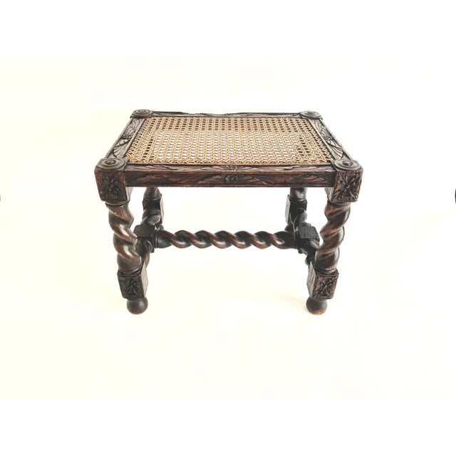 English Early 20th C Jacobean Style Barley Twist Footstool W/ Cane Seat For Sale - Image 3 of 9