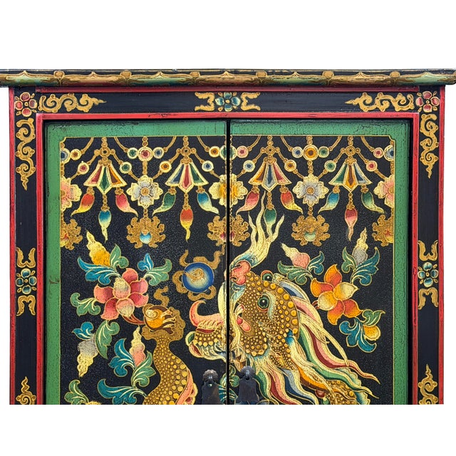 Green Oriental Tibetan Style Golden Dragon Graphic Tall Slim Storage Cabinet For Sale - Image 8 of 15