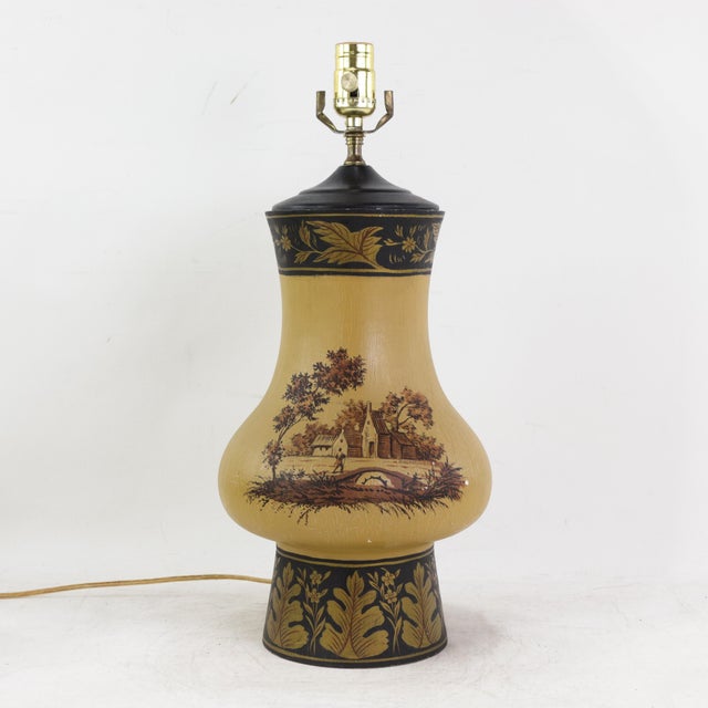 Vintage Hand Painted Table Lamp Mustard Yellow Country Landscape With Bridge and Foliage Motif For Sale - Image 12 of 12