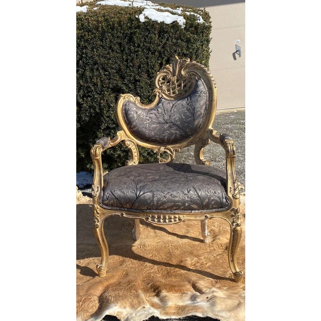French Antique Style Baroque Gray Armchair of Louis XV Style With Gray "Gobelins" Patterns Fabric and Gilded Wood. Super for Your Classic Rooms. For Sale - Image 3 of 6
