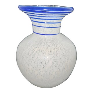 VTG Pier One Art Glass Vase White Confetti Applied Blue Striping For Sale