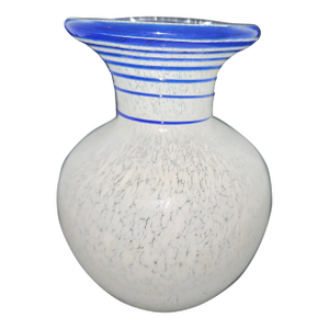 VTG Pier One Art Glass Vase White Confetti Applied Blue Striping