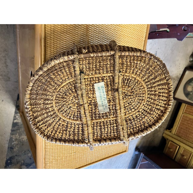Wood Vintage Handwoven African / Moroccan Style Oval Raffia Basket With Center Cross Handle For Sale - Image 7 of 8