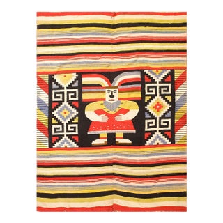 1940s Multicolor Figure Striped Zapotec Antique Mexican Knotted Rug 4' 5"x 6' 2" Wool Carpet For Sale