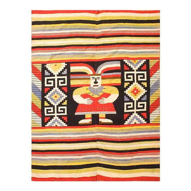 1940s Multicolor Figure Striped Zapotec Antique Mexican Knotted Rug 4' 5"x 6' 2" Wool Carpet For Sale