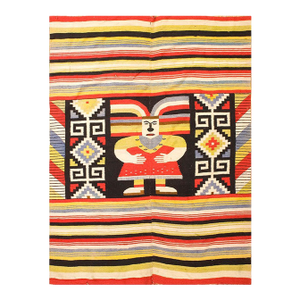 1940s Multicolor Figure Striped Zapotec Antique Mexican Knotted Rug 4' 5"x 6' 2" Wool Carpet