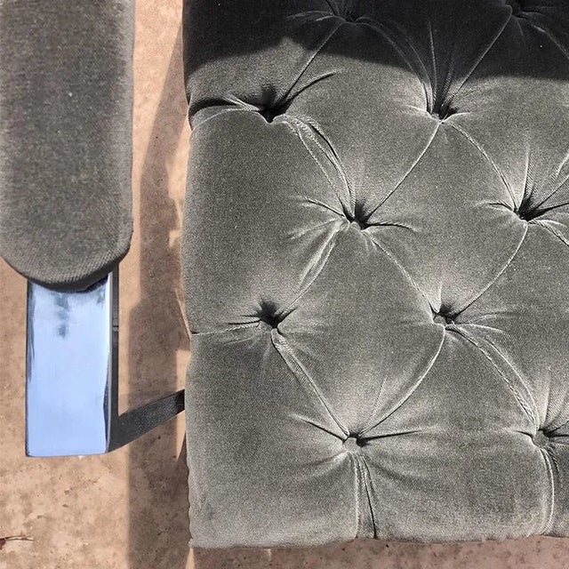 Newly-upholstered vintage chrome chair in the style of Milo Baughman or Harvey Probber. Fabric is a charcoal grey cotton...