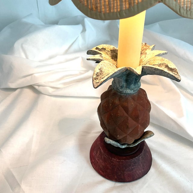French Country Vintage Rustic Metal and Wood Mini Pineapple With Grass Cloth Shade Lamp For Sale - Image 3 of 9