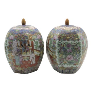 Chinese Famille Rose Medallion Lidded Melon Jar Rare Matching Pair 12" Tall For Sale
