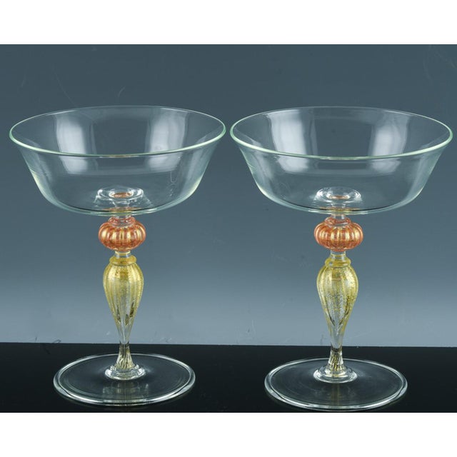 Ornamental & Decorative Materials Vintage Murano Glass Champagne Coupes, Peach and Gold-Leaf Ribbed Stems, Set of Ten For Sale - Image 7 of 8