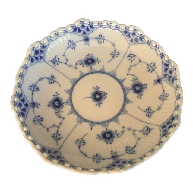 1960s Royal Copenhagen Blue Fluted Full Lace Footed Bowl 1023 For Sale