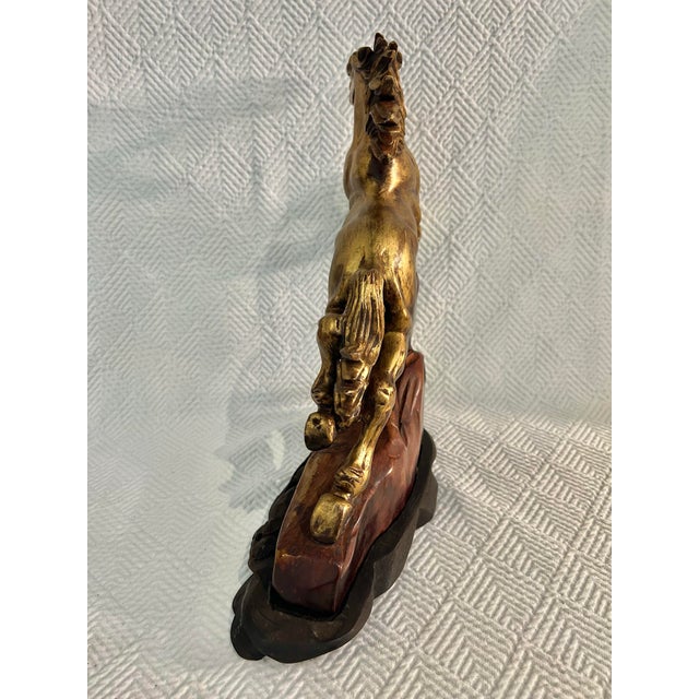 Early 20th Century Bronze Patina Jumping Horse Sculpture on Carved Wood Base For Sale - Image 4 of 10