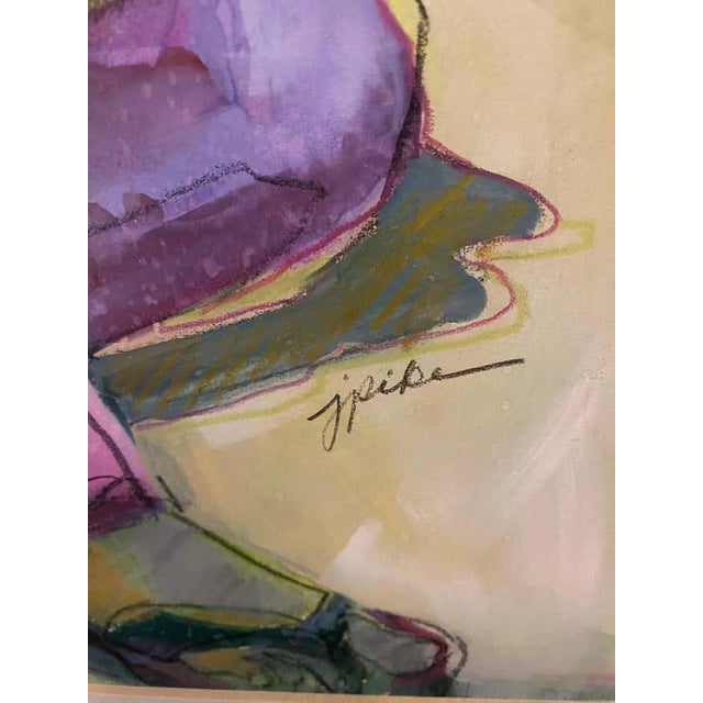 In this watercolor by Judy Pike, the seated figure, positioned on indistinct ground, oscillates between presence and...