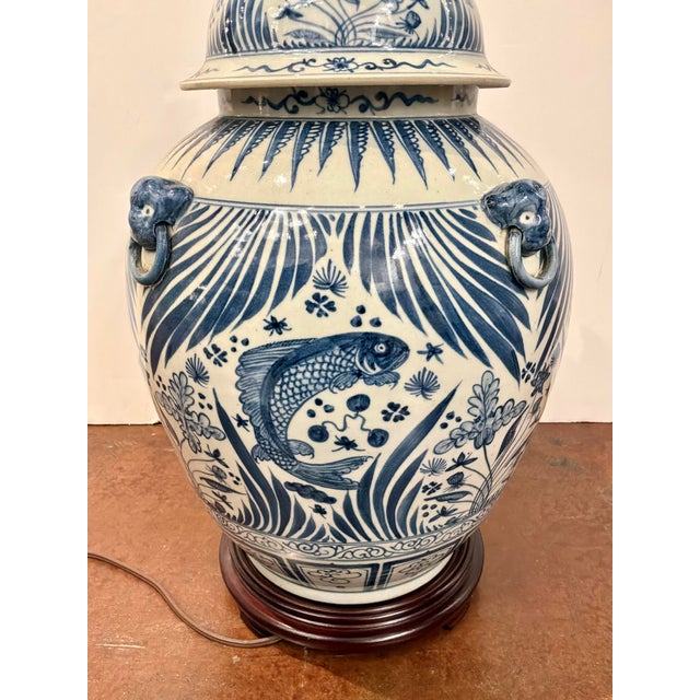 Asian Large Porcelain Jar Lamp Blue & White Glaze. For Sale - Image 3 of 7