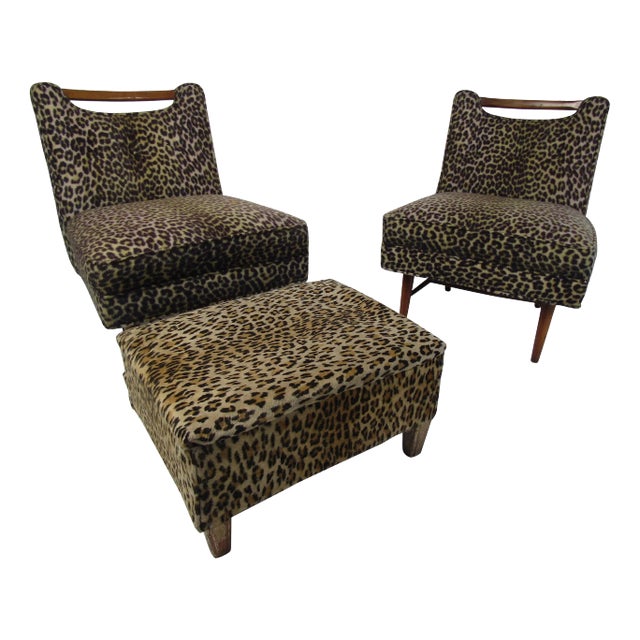 Midcentury Leopard Print Lounge Chairs with Ottoman - 3 Pieces For Sale