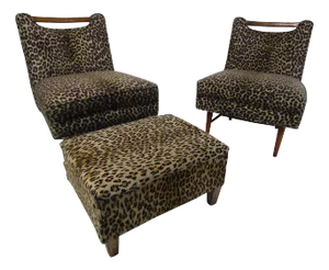 Midcentury Leopard Print Lounge Chairs with Ottoman - 3 Pieces