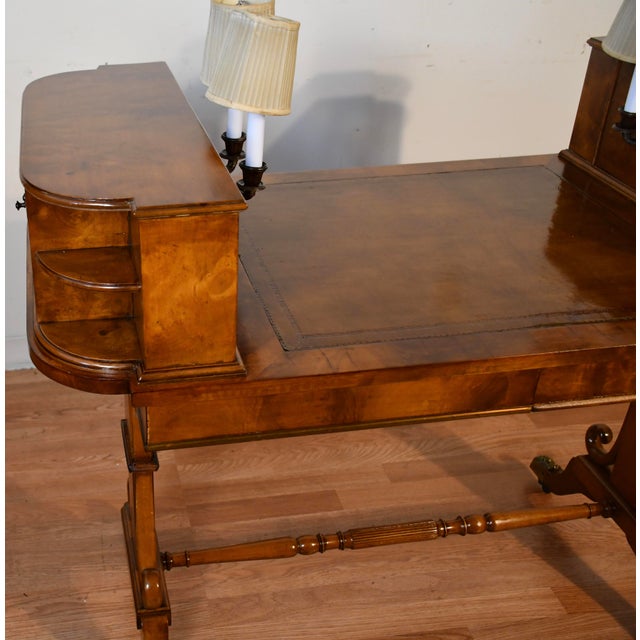 Wood 1900s Antique English Hepplewhite Burl Walnut & Leather Top Carlton Writing Desk For Sale - Image 7 of 18