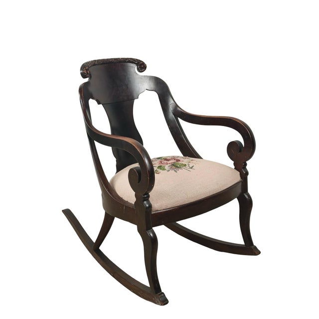 Antique American Carved Wood Rocking Chair With Needlepoint Seat For Sale - Image 15 of 18