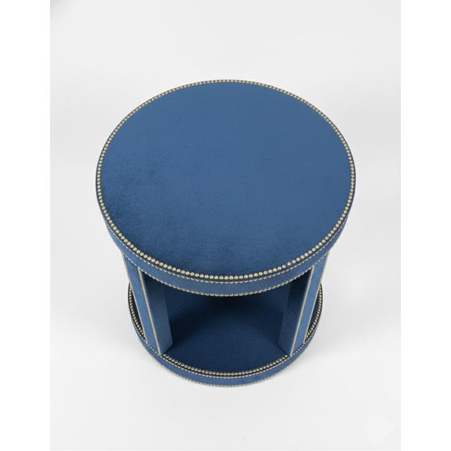 Hollywood Regency Hollywood Regency Blue Velvet & Brass Studded Side Table For Sale - Image 3 of 5