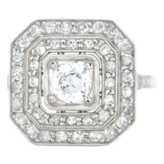 Art Deco Octagonal Engagement Ring, Platinum and Diamonds, French 1925, Size 5.25 For Sale