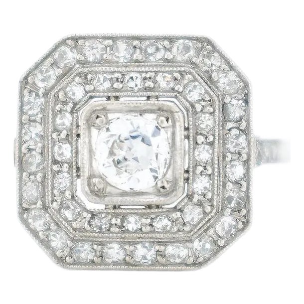 Art Deco Octagonal Engagement Ring, Platinum and Diamonds, French 1925, Size 5.25 For Sale